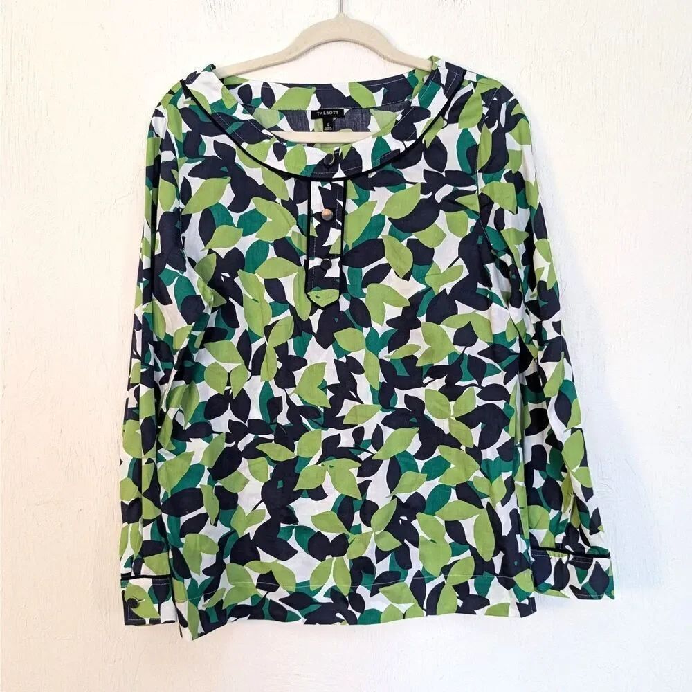 Talbots Tunic Blouse Womens 12 Green Leaf Print Cotton Long Sleeve Lightweight
